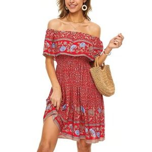 ePretty A-Line Off Shoulder Elastic Waist Floral Mini Dress Size Large Red Blue